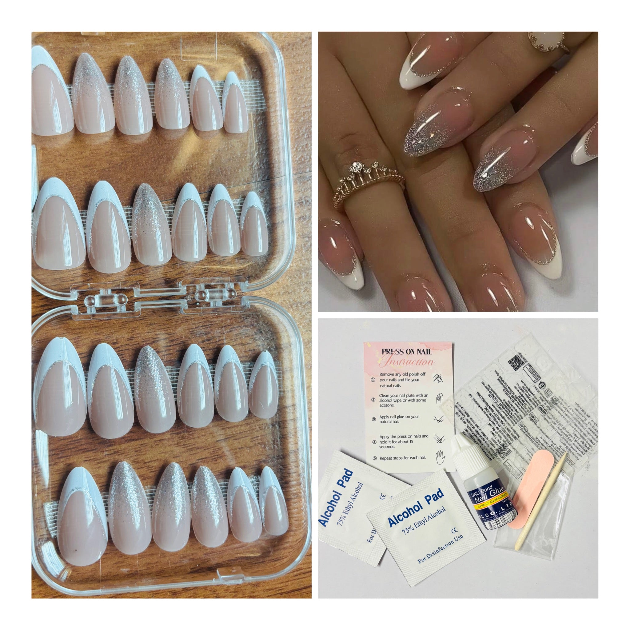 24 Pcs Almond Shape Silver & White French Tip Press-On Nails