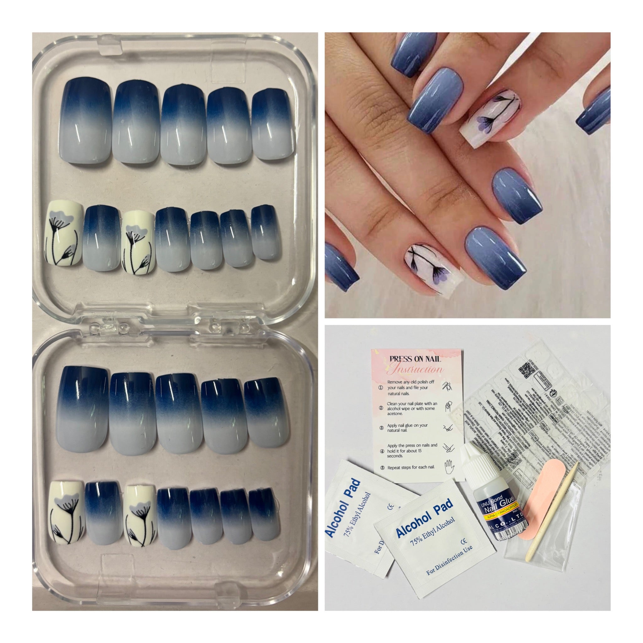 24 Pcs Blue Gradient Floral Press-On Nails – Medium Square