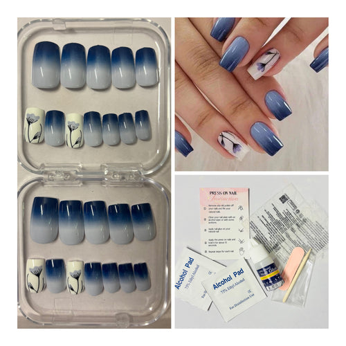 24 Pcs Blue Gradient Floral Press-On Nails – Medium Square