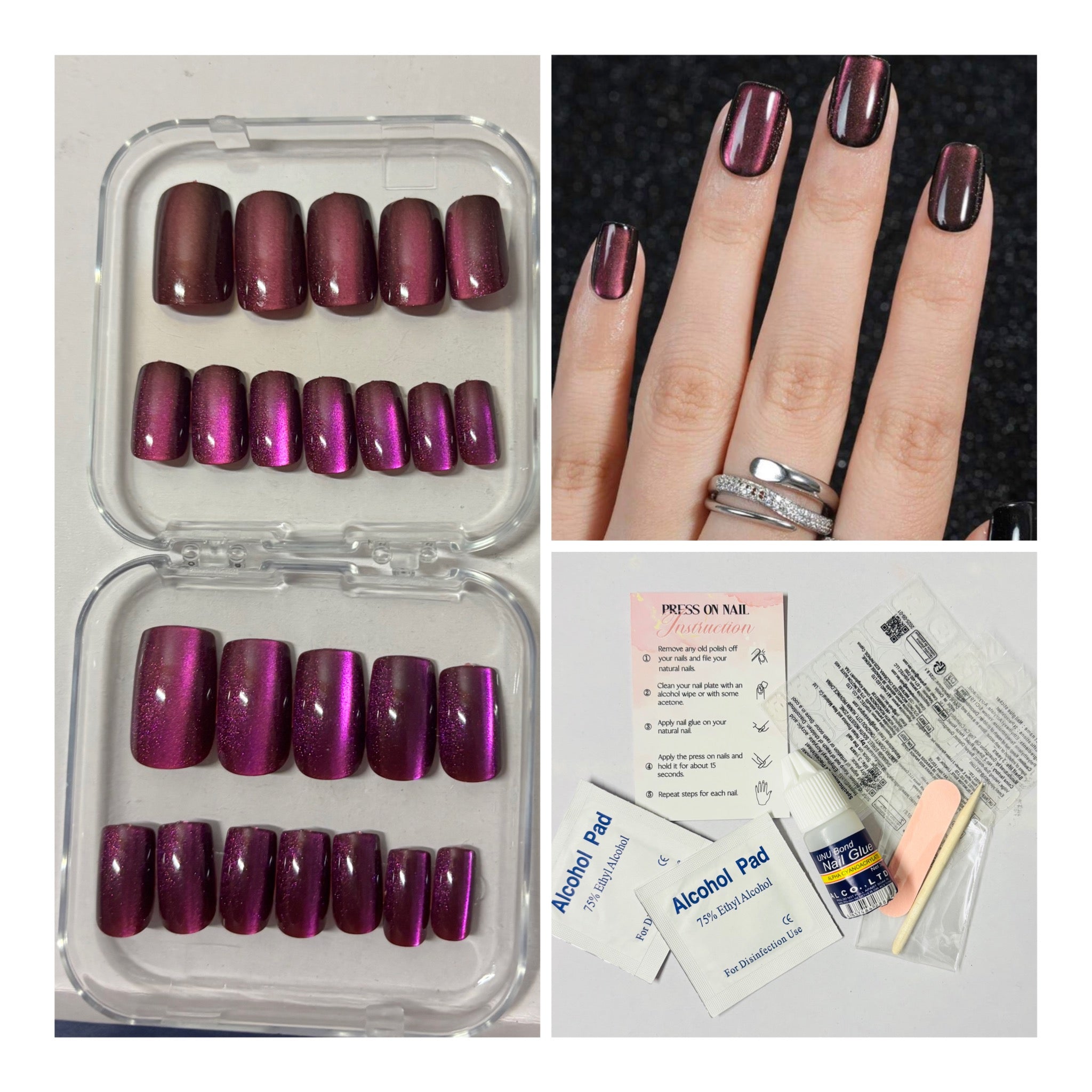 24 Pcs Burgundy Cateye Press-on Nails