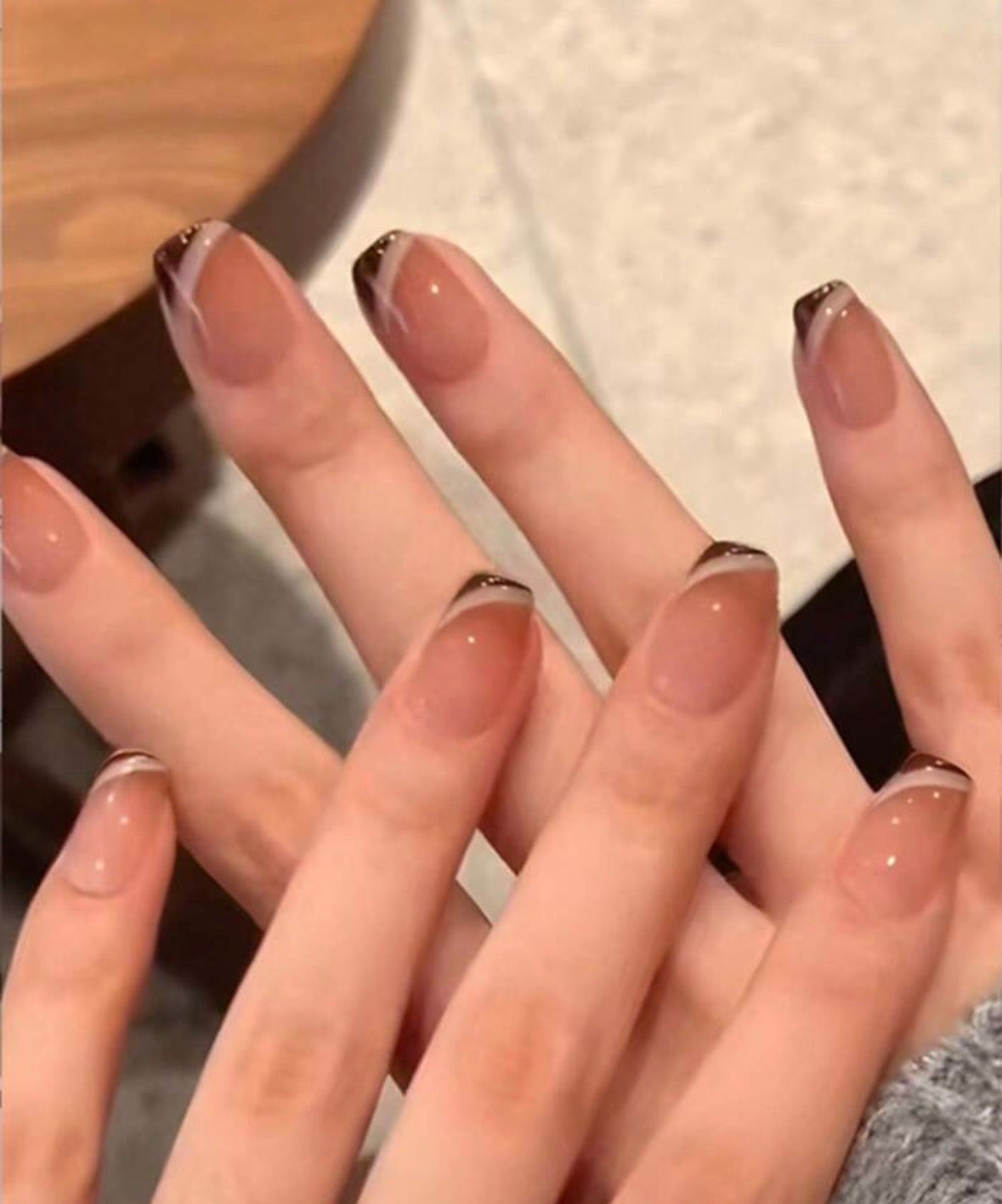 24 Pcs Coffin Shaped Geometric French Nails – Coffee Brown