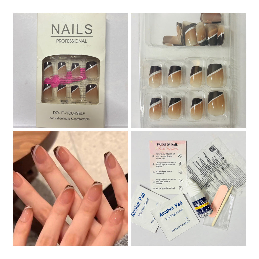 24 Pcs Coffin Shaped Geometric French Nails – Coffee Brown