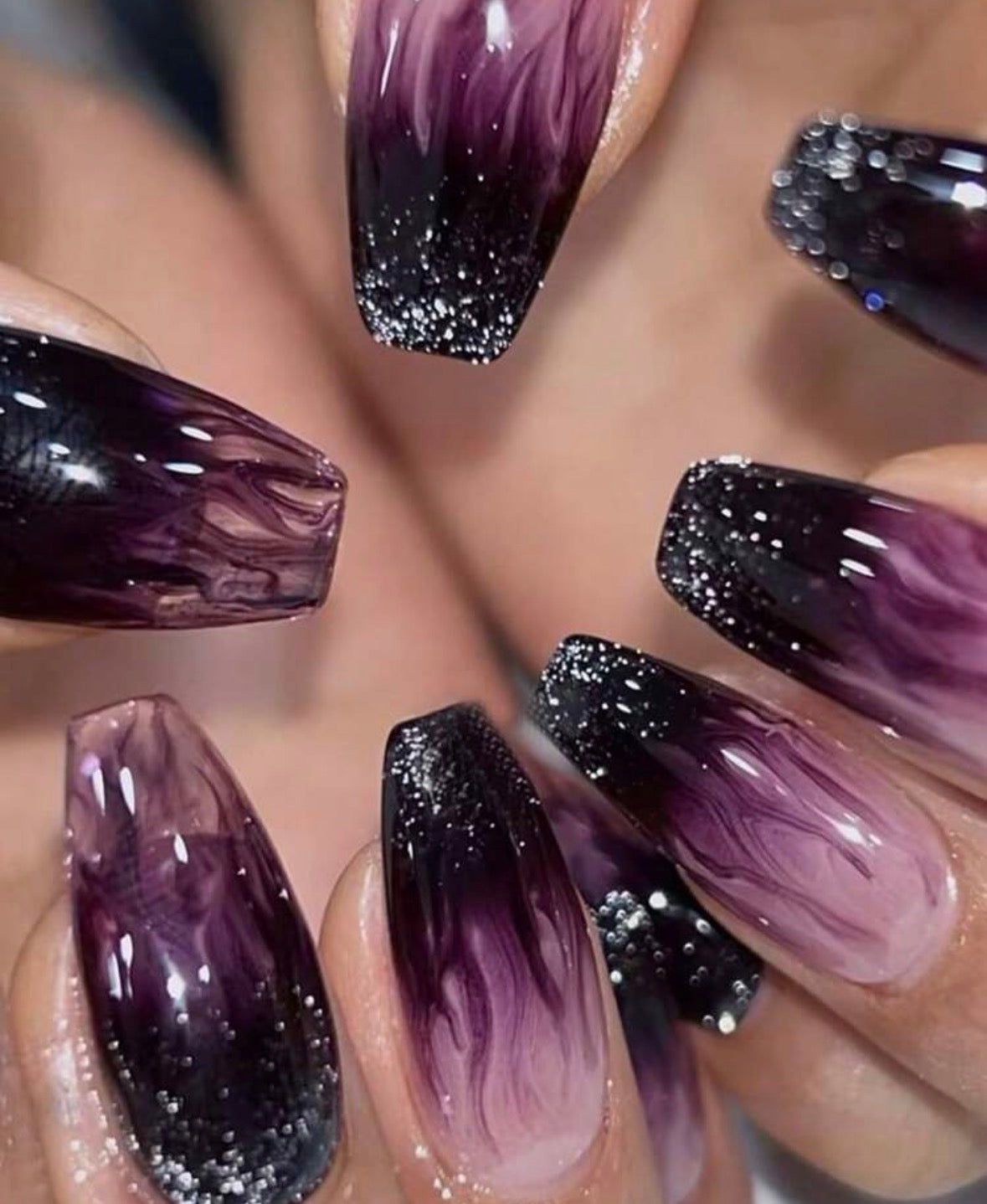24 Pcs Coffin Shaped Purple Ombre Glitter Press-On Nails