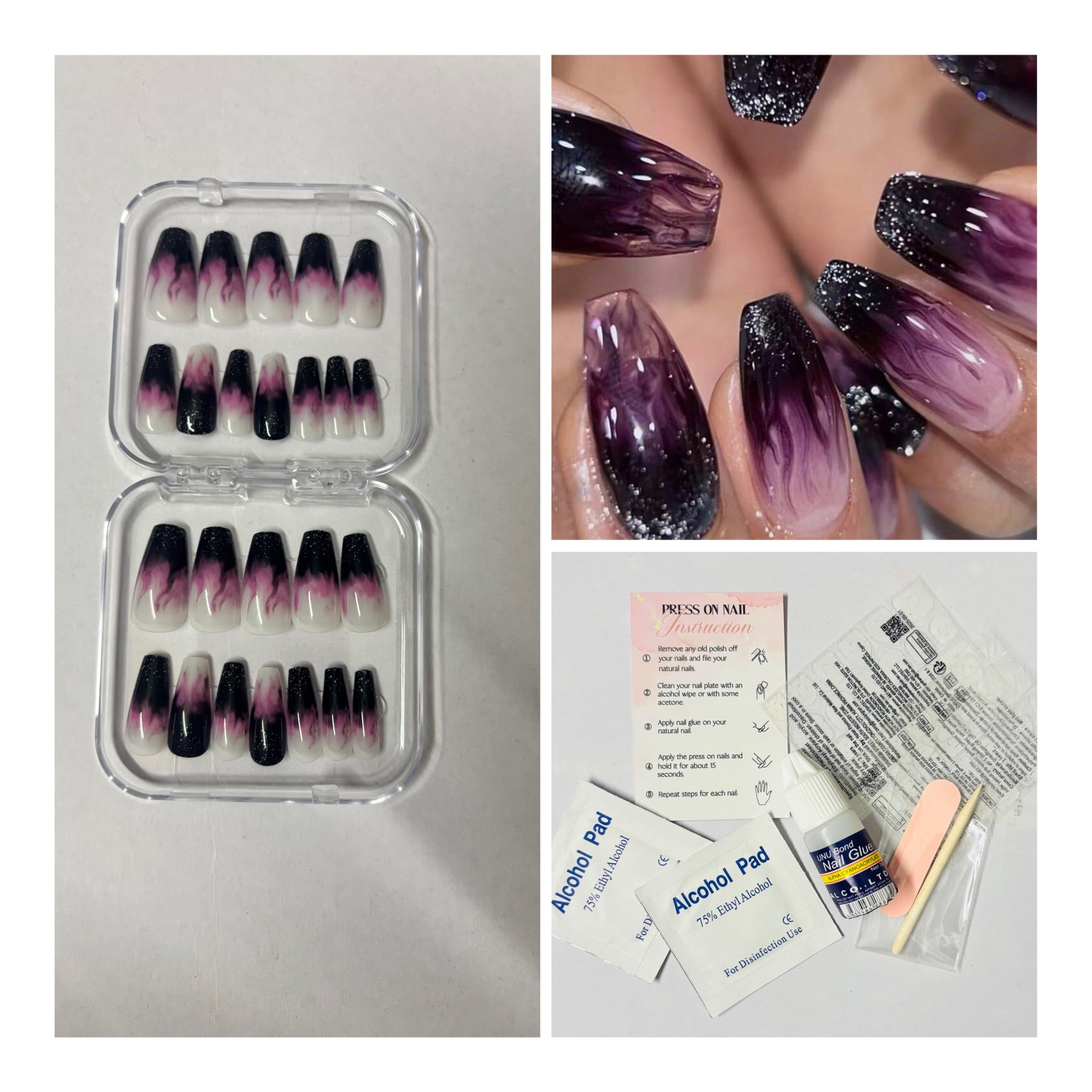 24 Pcs Coffin Shaped Purple Ombre Glitter Press-On Nails