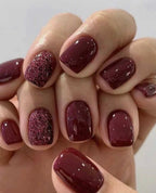 24 Pcs Dark Red Short Square Press-On Nails with Glitter