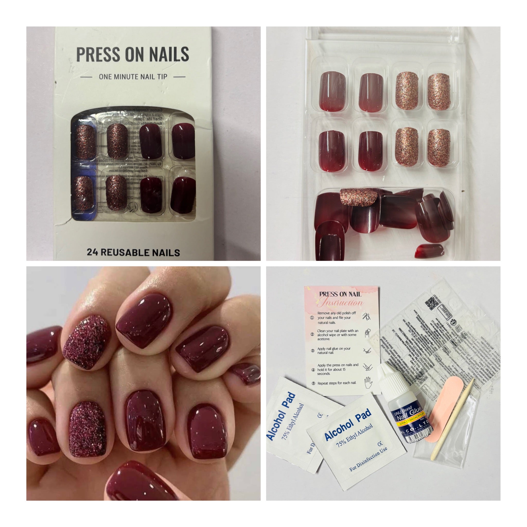24 Pcs Dark Red Short Square Press-On Nails with Glitter