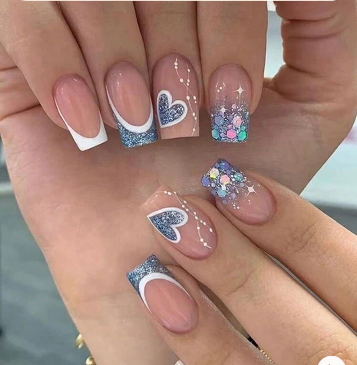 24 Pcs Medium square French tip press-on nails with a stylish blue heart design
