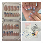 24 Pcs Medium square French tip press-on nails with a stylish blue heart design