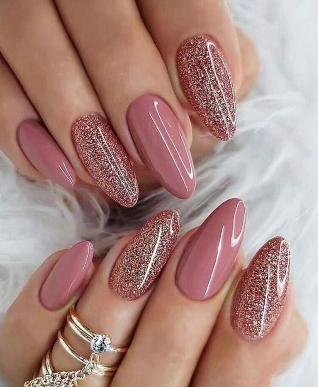 24 Pcs Long Almond Pink & Silver Glitter Press-On Nails