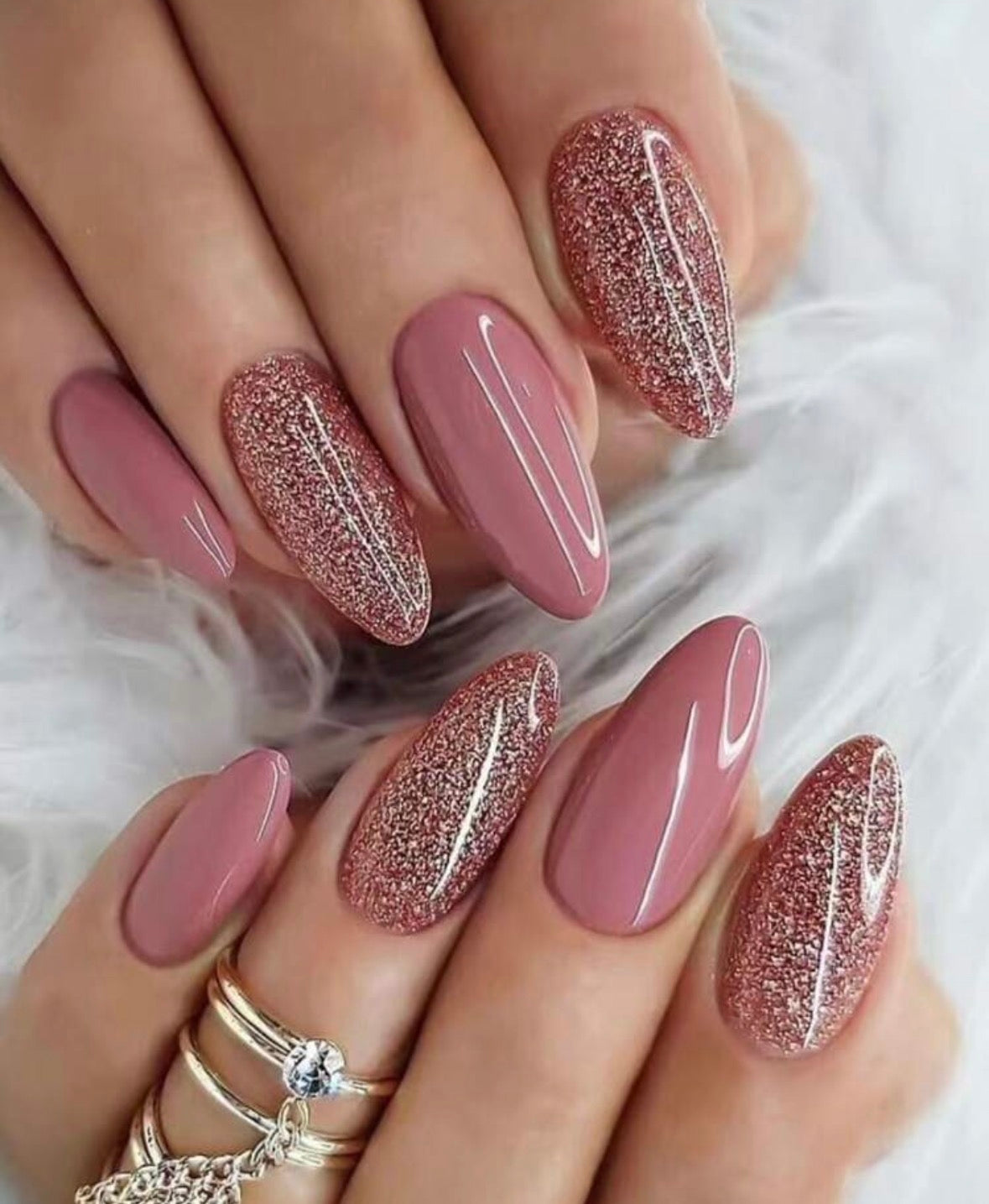 24 Pcs Long Almond Pink & Silver Glitter Press-On Nails
