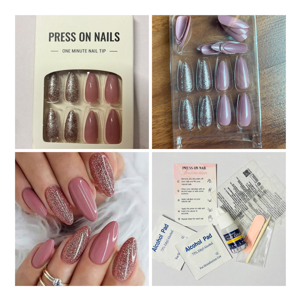 24 Pcs Long Almond Pink & Silver Glitter Press-On Nails