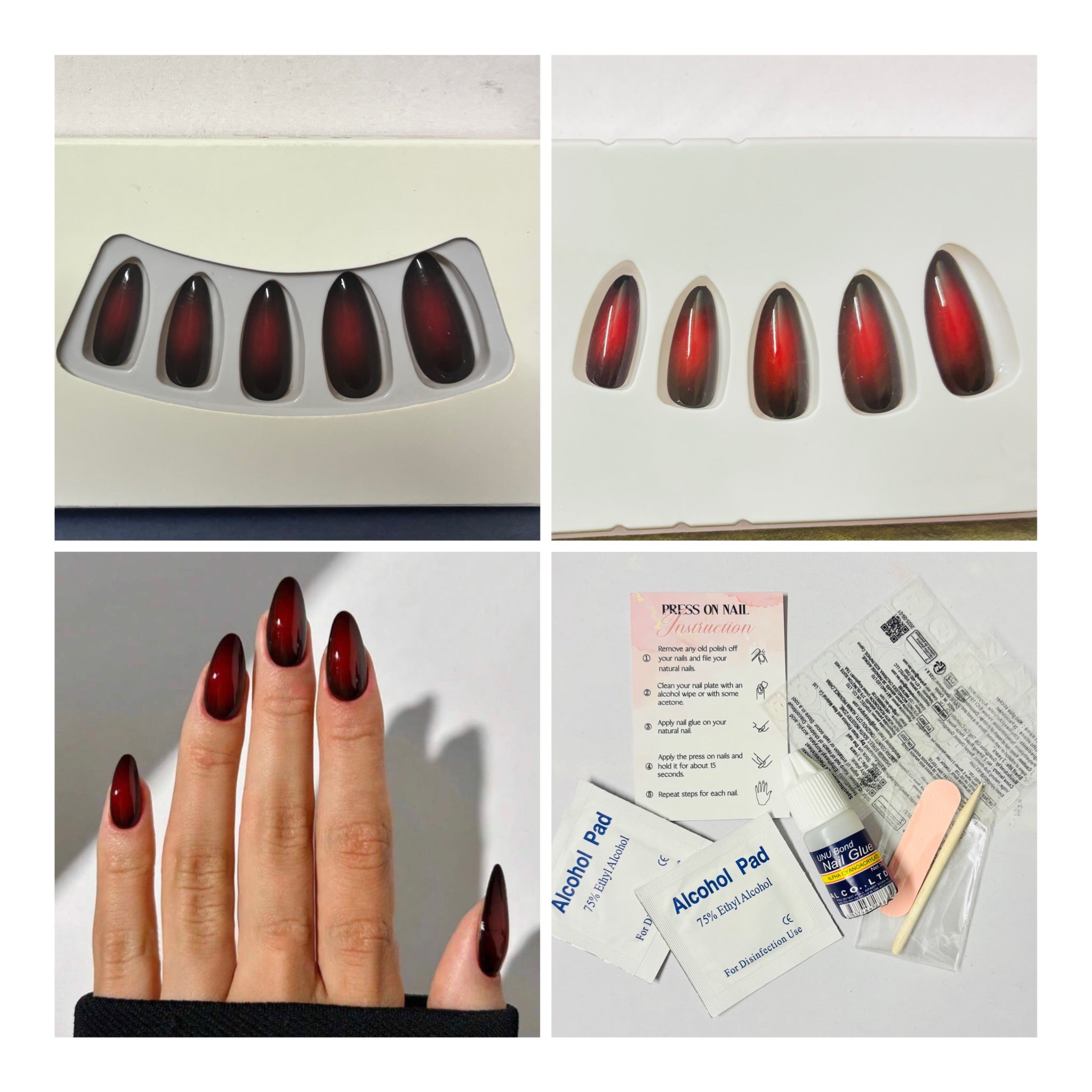 24 Pcs Long Almond Red & Black Gradient Press-On Nails
