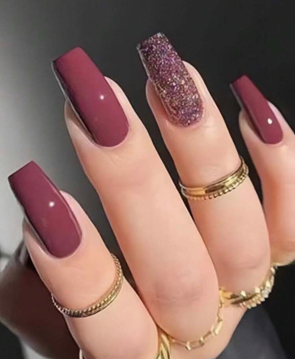 24 Pcs Long Coffin Dark Pink & Glitter Press-On Nails