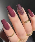 24 Pcs Long Coffin Dark Pink & Glitter Press-On Nails