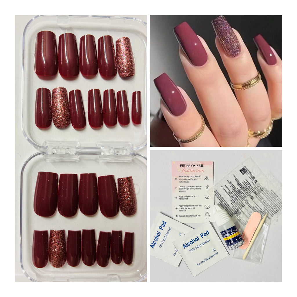 24 Pcs Long Coffin Dark Pink & Glitter Press-On Nails