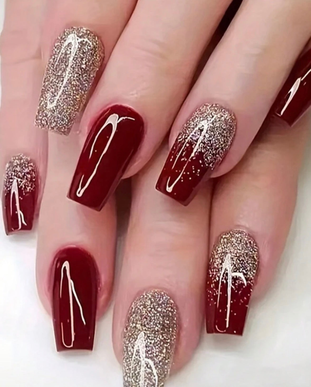 24 Pcs Long Coffin Dark Red & Gold Glitter Press-On Nails