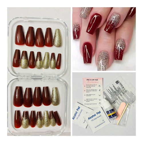 24 Pcs Long Coffin Dark Red & Gold Glitter Press-On Nails