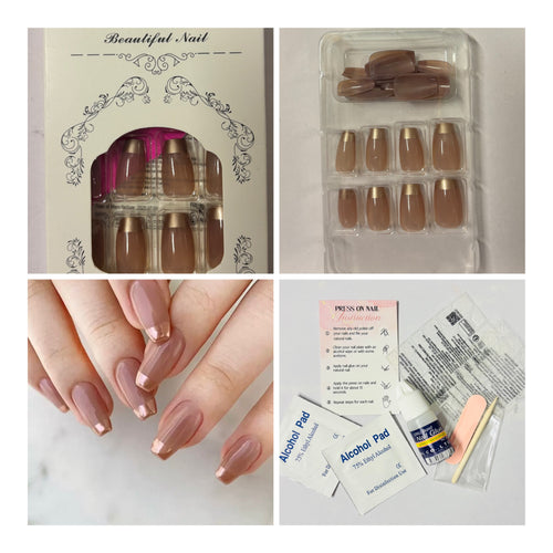 24 Pcs Long Coffin French gold press-on nails