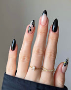 24 Pcs Medium Almond Black Floral Design Press-On Nails