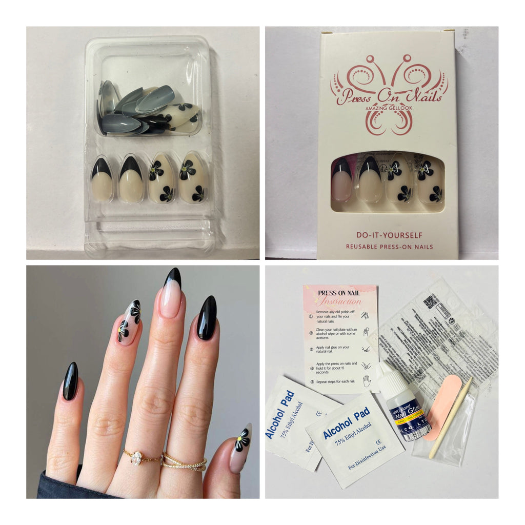 24 Pcs Medium Almond Black Floral Design Press-On Nails