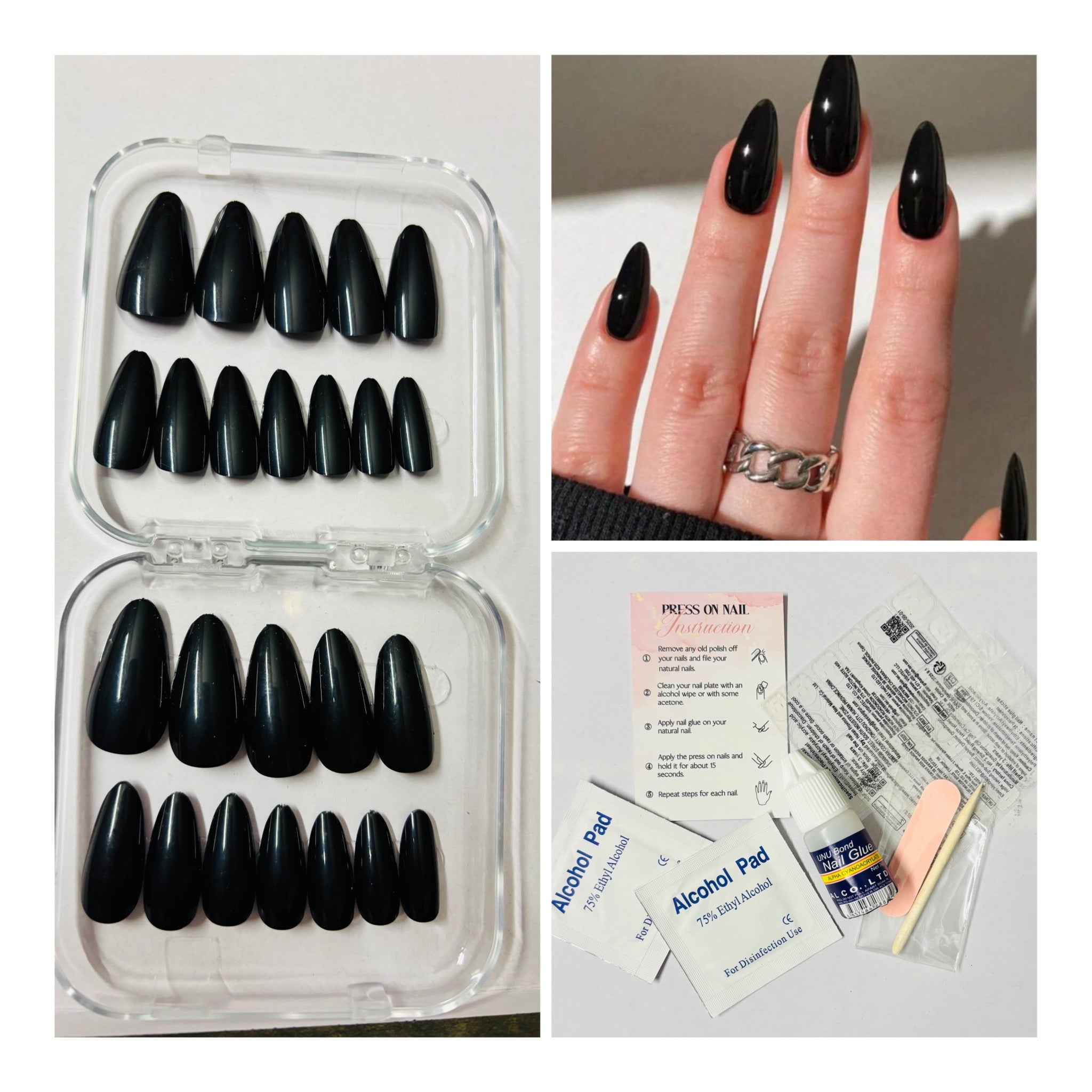 24 Pcs Medium Almond Glossy Black Press-On Nails