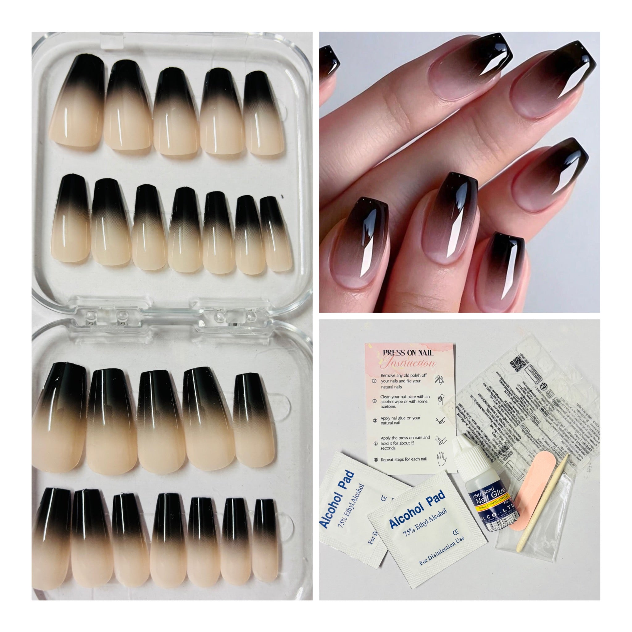 24 Pcs Medium Coffin Black Ombre press-on nails