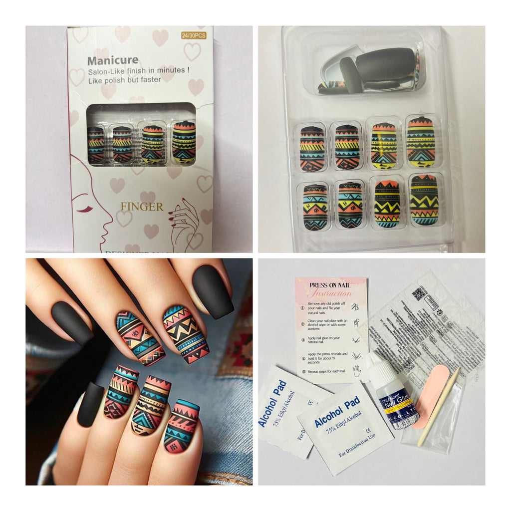 24 Pcs Medium Long Geometric Pattern Press-On Nails