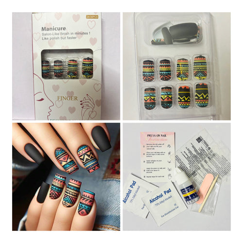 24 Pcs Medium Long Geometric Pattern Press-On Nails