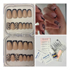 24 Pcs Medium Square Black French tip press-on nails with leopard print accents