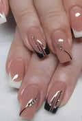 24 Pcs Medium Square French tip press-on nails with black accents and rhinestone details,