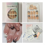 24 Pcs Medium Square French tip press-on nails with black accents and rhinestone details,