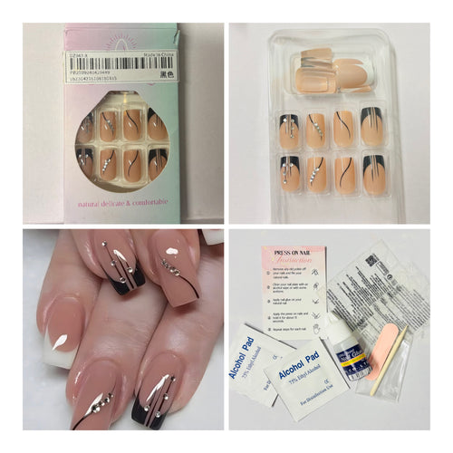 24 Pcs Medium Square French tip press-on nails with black accents and rhinestone details,