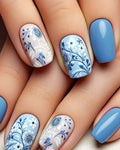 24 Pcs Medium Square Blue & White Floral Press-On Nails