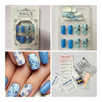 24 Pcs Medium Square Blue & White Floral Press-On Nails