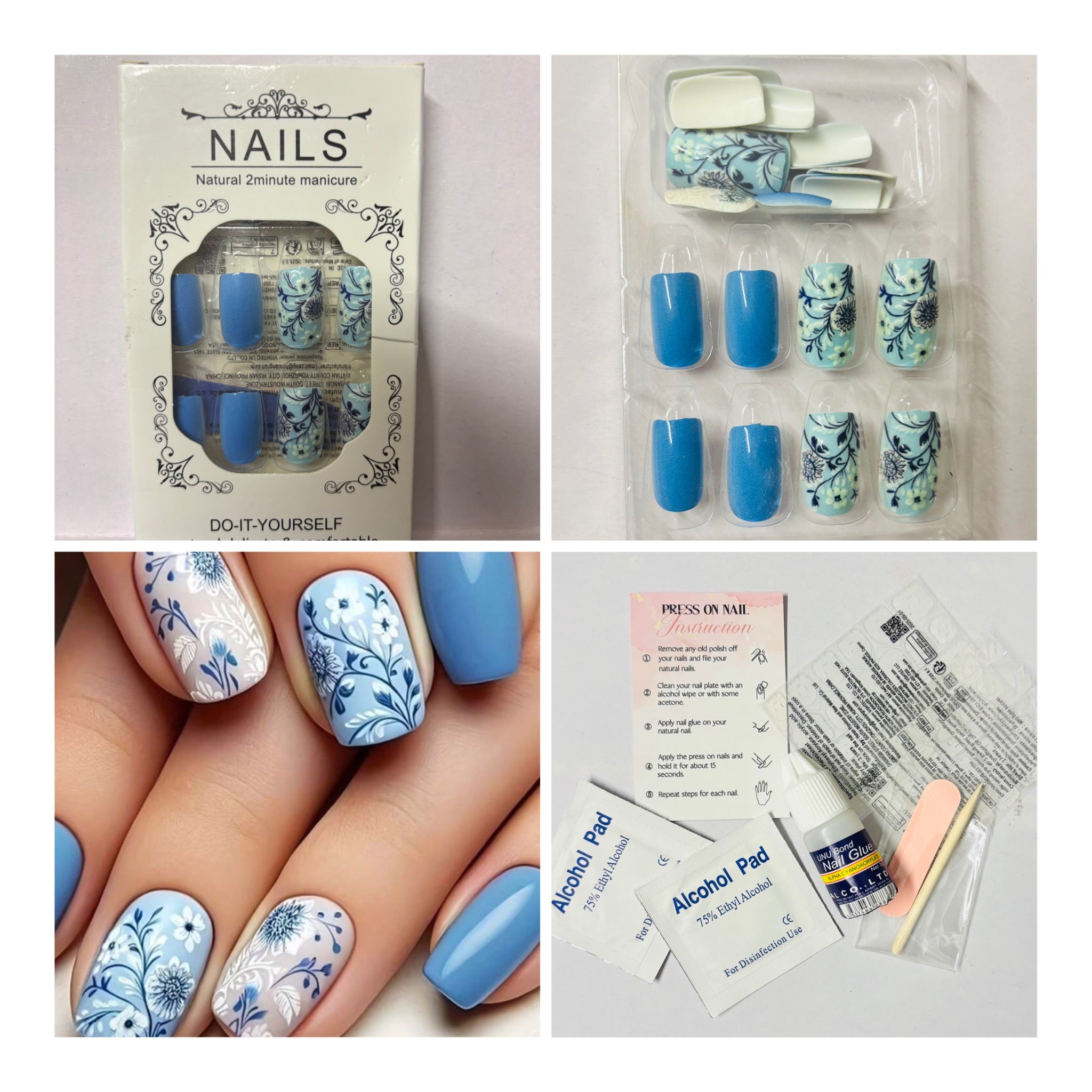 24 Pcs Medium Square Blue & White Floral Press-On Nails