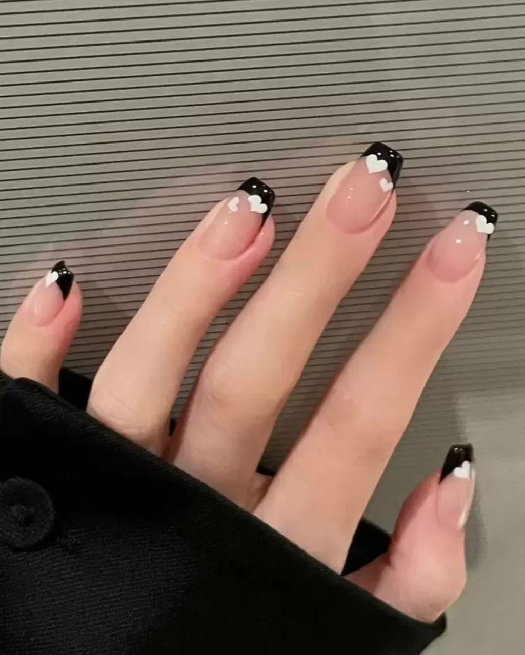 24 Pcs Nude French black press-on nails with white heart details