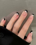 24 Pcs Nude French black press-on nails with white heart details