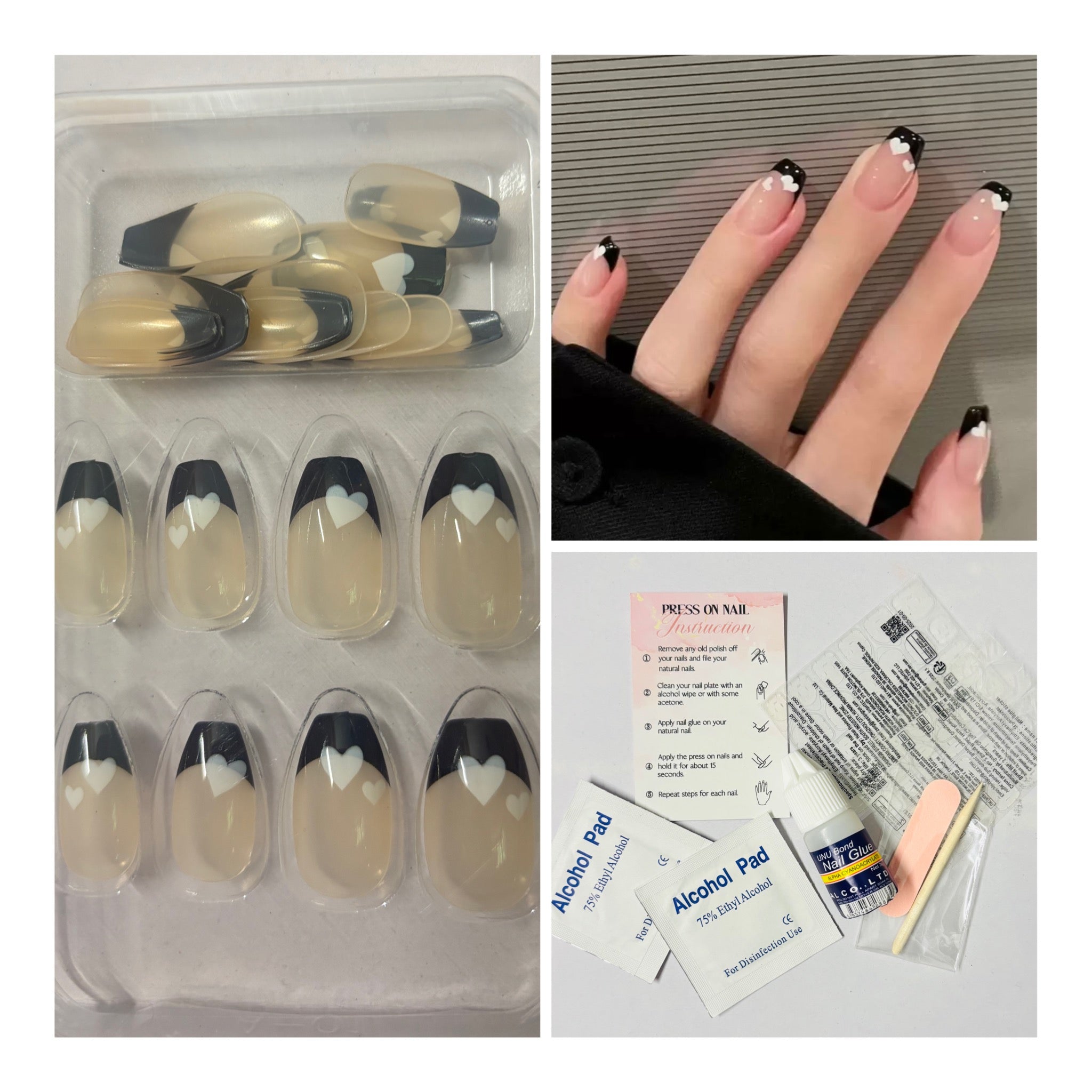24 Pcs Nude French black press-on nails with white heart details
