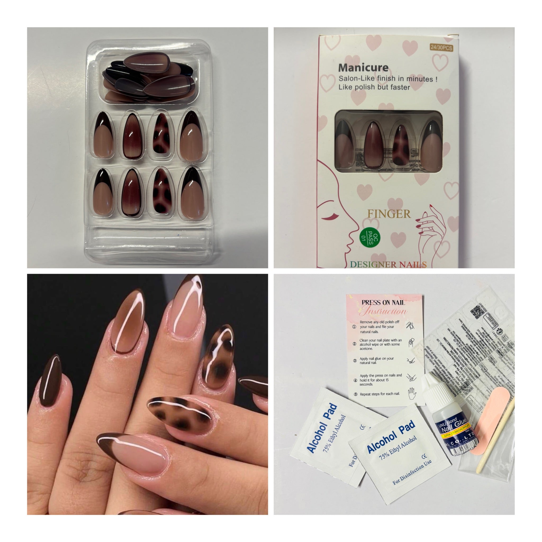 24 Pcs Almond Shape Nude & Brown Leopard French Press-On Nails