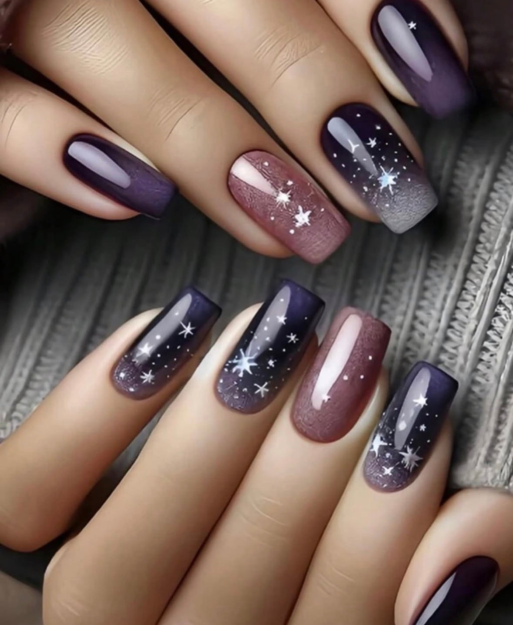 24 Pcs Medium Square Purple Galaxy Star Press-On Nails
