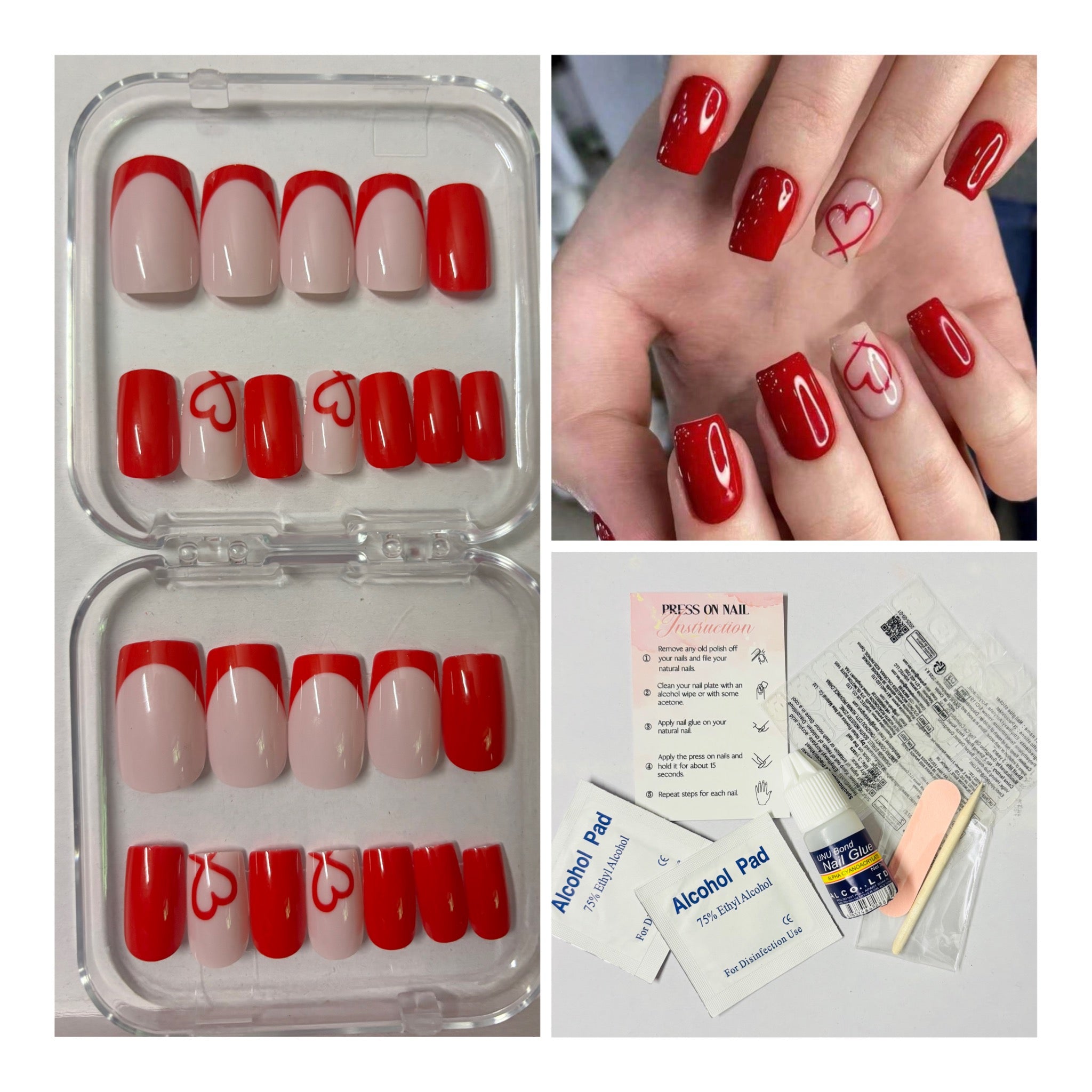 24 Pcs Red Square Press-On Nails with Heart Design