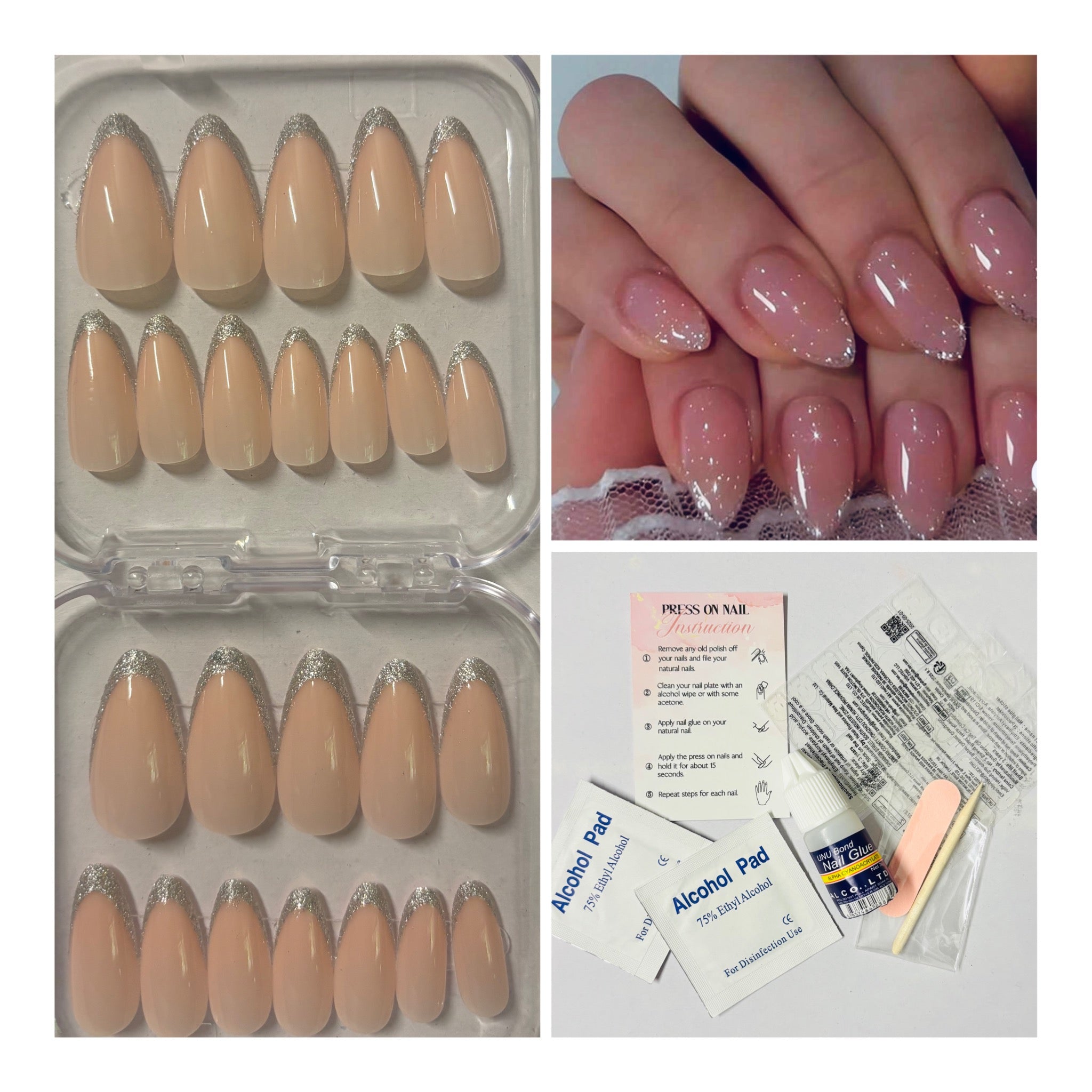 24 Pcs Medium Round French glitter press-on nails