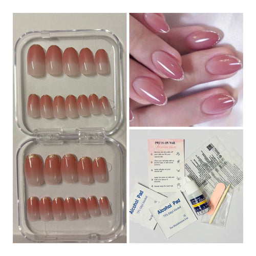 24 Pcs Round-shaped pink ombre press-on nails with delicate gold glitter tips