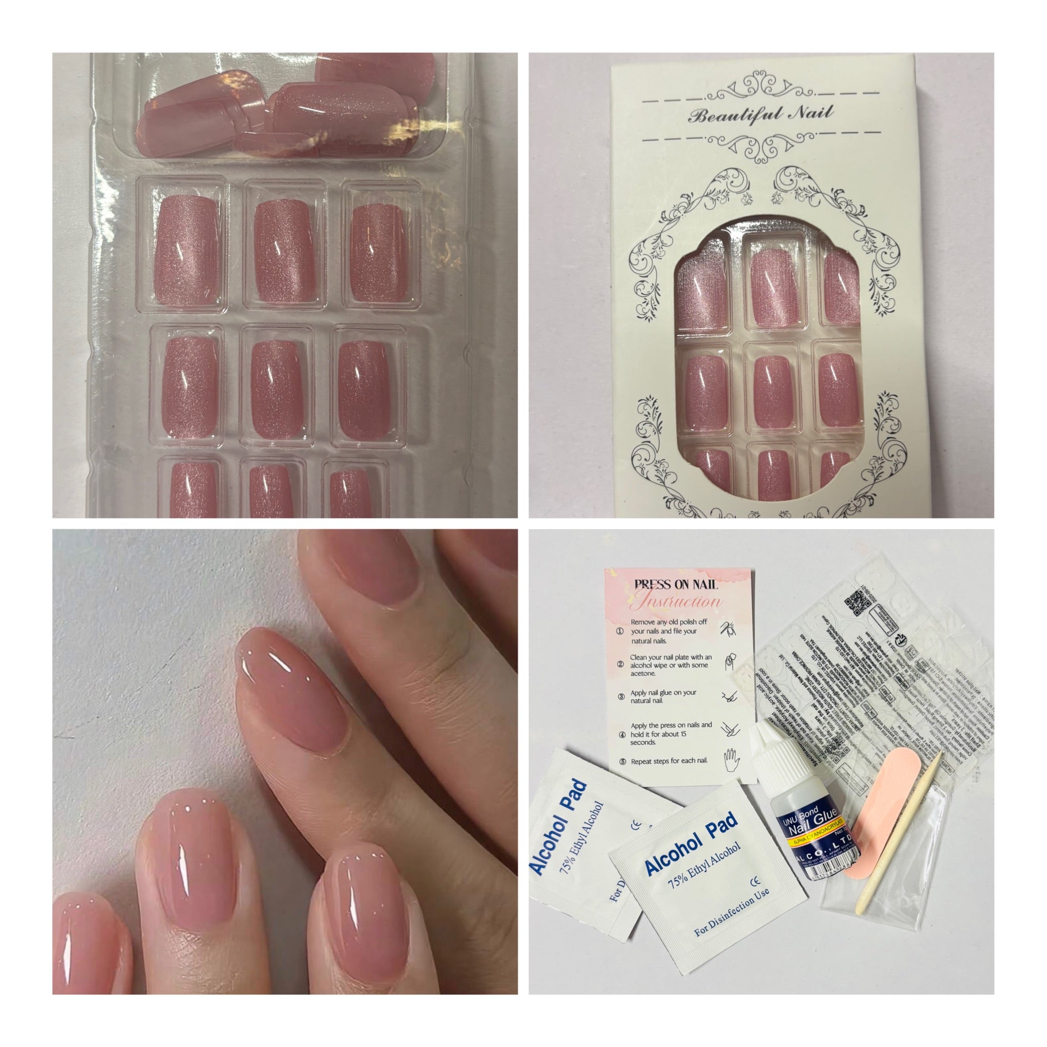 24 Pcs Shiny Cat Eye Pink Press-On Nails