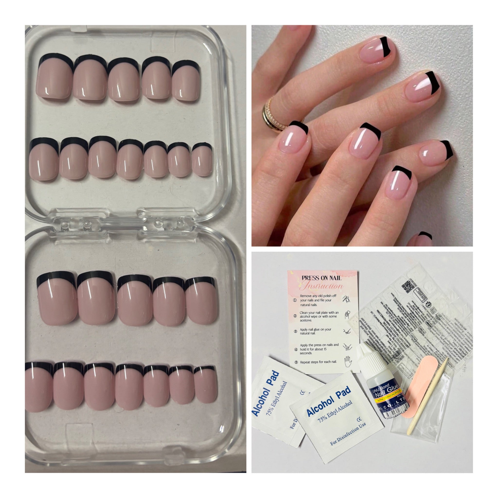24 Pcs Short Square Black French Press-On Nails