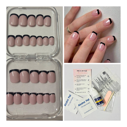 24 Pcs Short Square Black French Press-On Nails