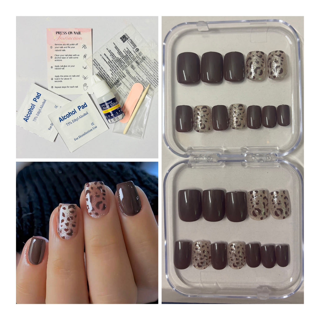 24 Pcs Short Square Coffee Brown Leopard Print Press-On Nails