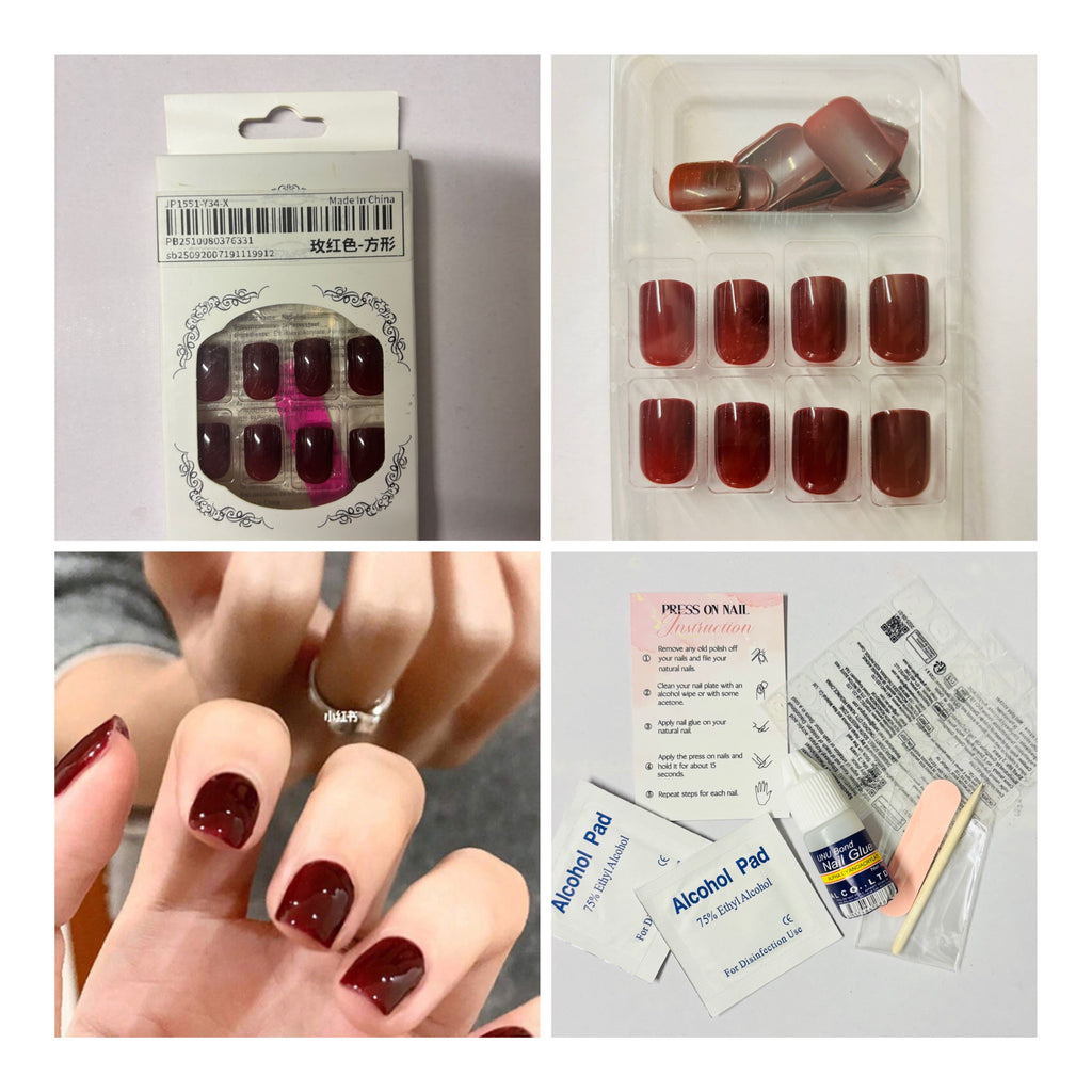 24 Pcs Short Square Dark Red Press-On Nails