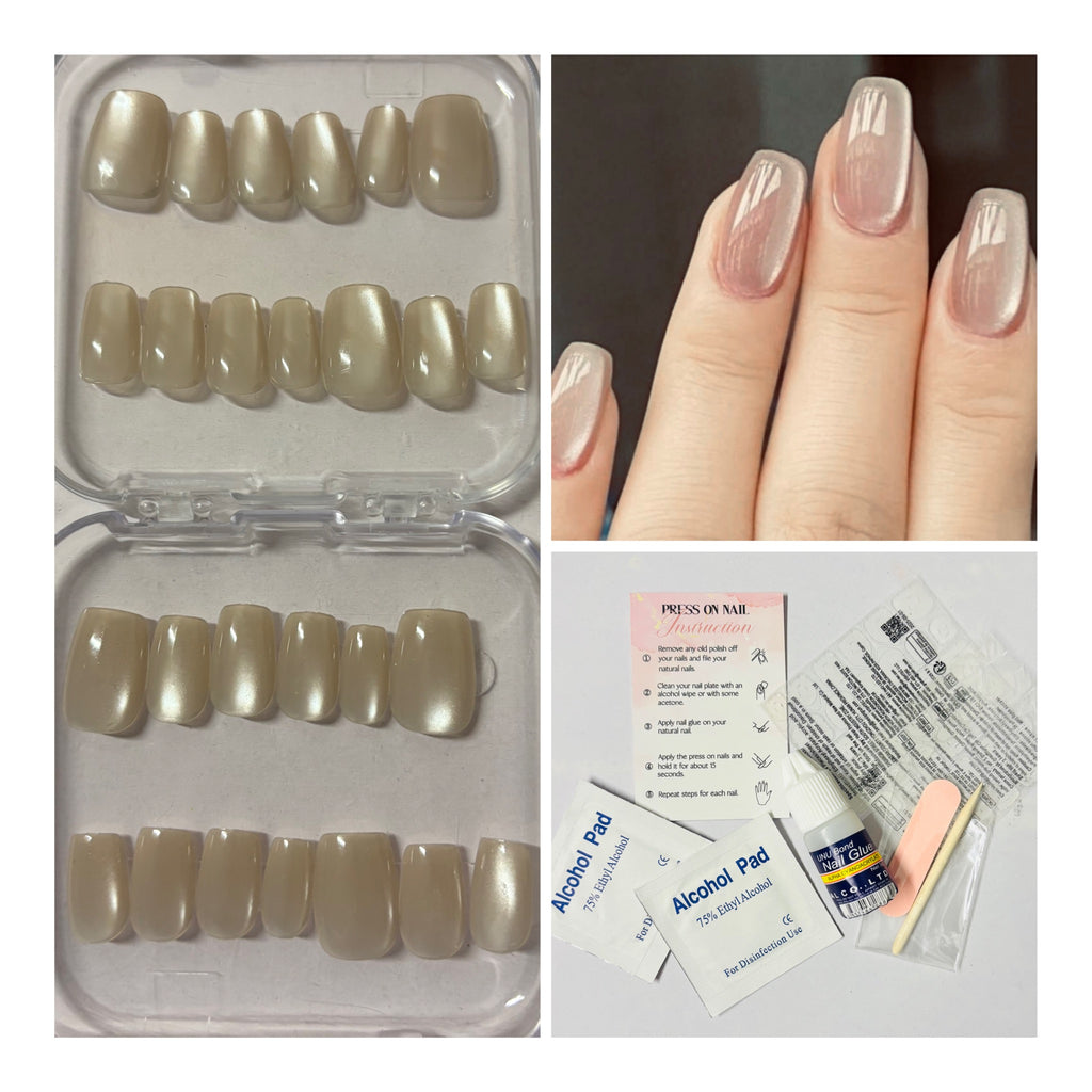 Short Square Gold Cateye Press-On Nails.