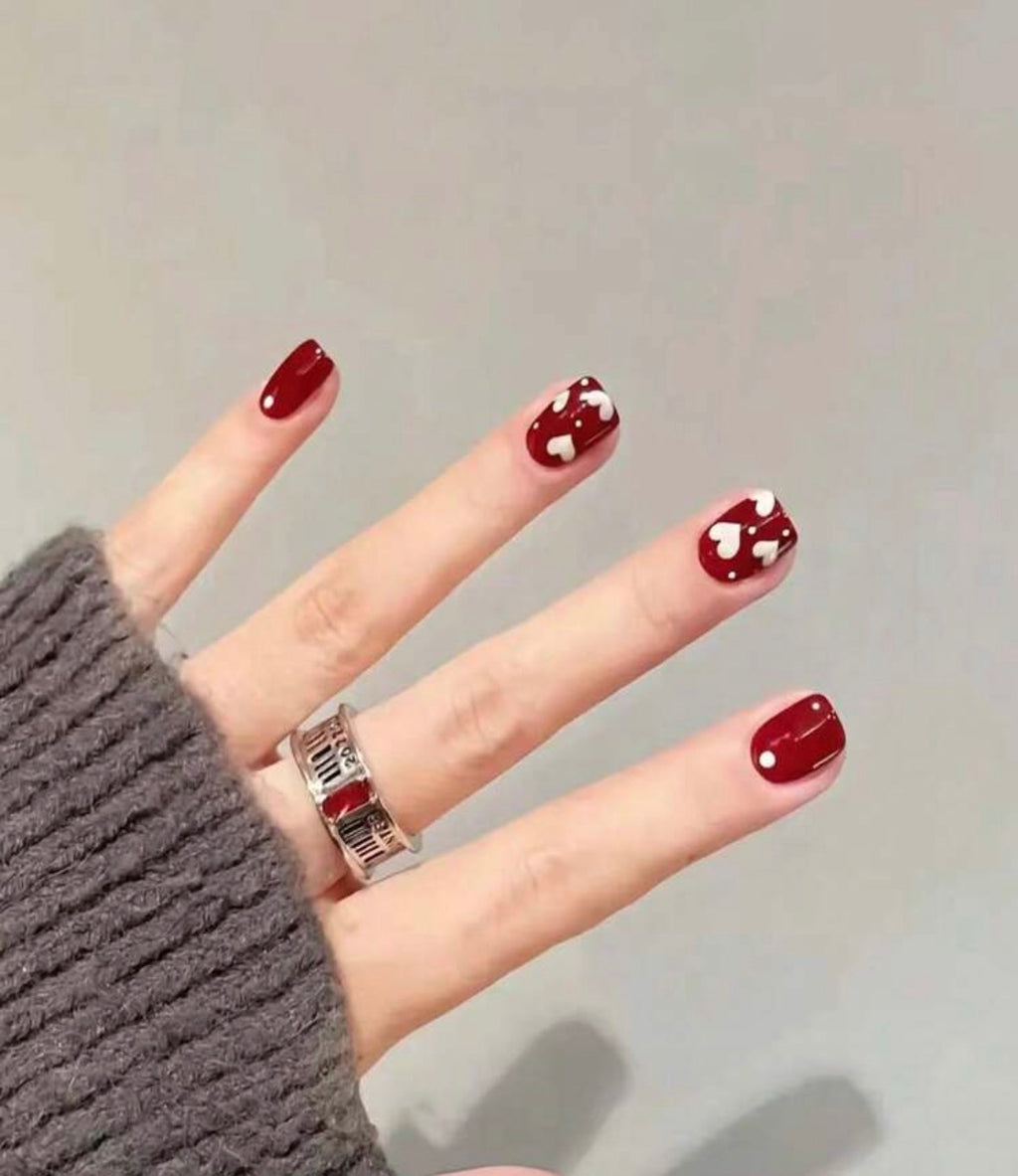 24 Pcs Short Square Red & White Double Heart Press-On Nails